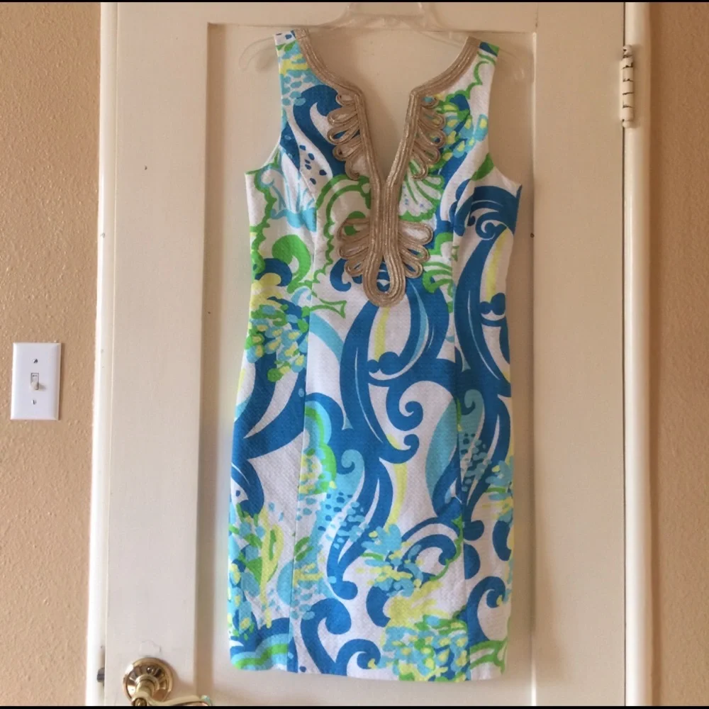 Lilly Pulitzer Blue White Green Printed Midi Dress with Gold Trim - Picture 3 of 10